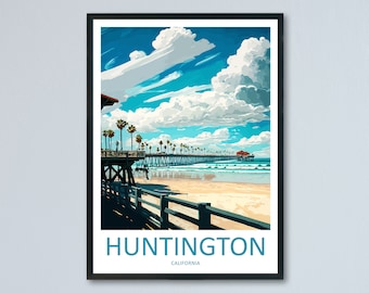 May include: A colorful illustration of the Huntington Beach pier in California. The pier extends into the ocean with palm trees lining the shore. The sky is blue with white clouds.