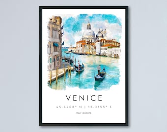 May include: Watercolor print of Venice, Italy, featuring gondolas on the turquoise water, historic buildings, and a domed church. The word "VENICE" is displayed below the image, along with the coordinates 45.4408° N | 12.3155° E and "ITALY | EUROPE".
