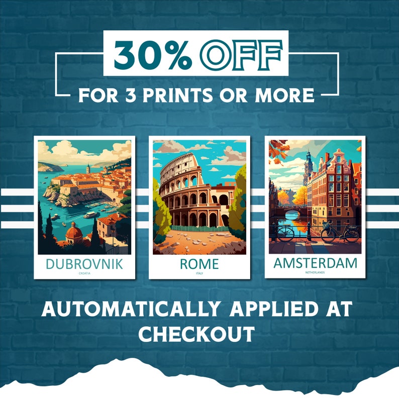 May include: Three vintage travel posters with a 30% off discount for 3 prints or more. The posters feature images of Dubrovnik, Rome, and Amsterdam.
