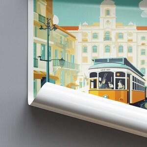 May include: A vintage-style illustration of a yellow and blue streetcar with the text "LCO WY" on the side, traveling through a city street with colorful buildings.