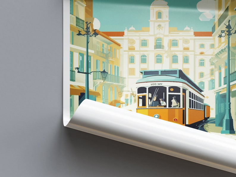 May include: A vintage-style illustration of a yellow and blue streetcar with the text "LCO WY" on the side, traveling through a city street with colorful buildings.