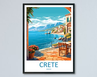 May include: A colorful illustration of a seaside town in Crete, Greece. The image shows a view from a patio with a table and chairs overlooking the blue water and mountains in the distance.