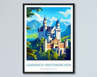 May include: A vintage travel poster featuring a colorful illustration of Neuschwanstein Castle in Garmisch-Partenkirchen, Germany. The castle is depicted with white towers and a red roof, surrounded by lush green trees and a blue lake.