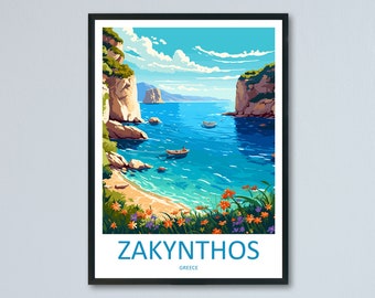 May include: A framed art print of Zakynthos, Greece. The illustration depicts a coastal scene with turquoise water, boats, and cliffs. The artwork features a vibrant color palette with the word "ZAKYNTHOS" in blue text at the bottom.