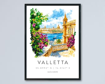 Valletta Akwarela Plakat Valletta Podróż Wydruk Valletta Sztuka Ścienna Valletta Krajobraz Miasta Malarstwo Valletta Pamiątka Valletta Malta Decor