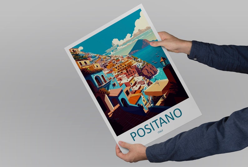 Może przedstawiać: Kolorowa ilustracja Positano, Włochy, nadmorskiego miasta z kolorowymi budynkami na zboczu wzg&oacute;rza z widokiem na morze. Obraz jest w stylu vintage plakatu turystycznego z tekstem "Positano, Włochy" na dole.