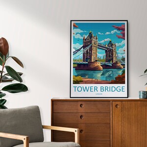 May include: A colorful illustration of Tower Bridge in London, England. The bridge is depicted in a retro style with a blue sky and white clouds. The text "TOWER BRIDGE LONDON" is printed below the image.