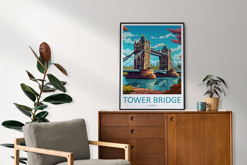 May include: A colorful illustration of Tower Bridge in London, England. The bridge is depicted in a retro style with a blue sky and white clouds. The text "TOWER BRIDGE LONDON" is printed below the image.
