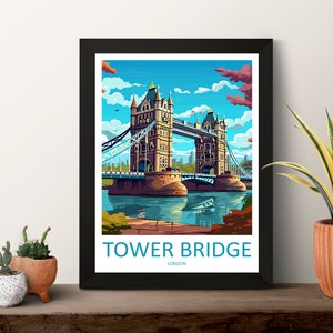 May include: A colorful illustration of Tower Bridge in London, England. The bridge is depicted in a vibrant blue, green, and brown color scheme, with a blue sky and white clouds in the background. The text "TOWER BRIDGE LONDON" is printed below the bridge.
