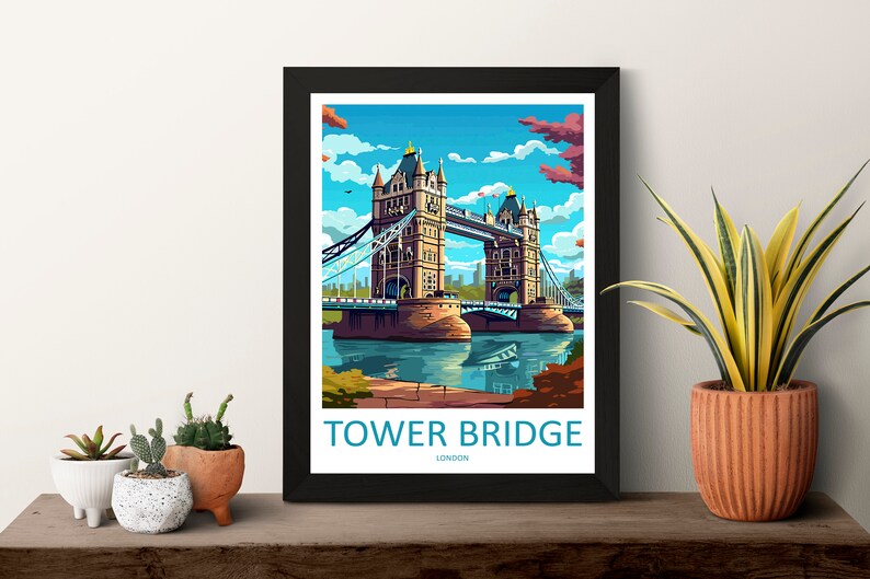 May include: A colorful illustration of Tower Bridge in London, England. The bridge is depicted in a vibrant blue, green, and brown color scheme, with a blue sky and white clouds in the background. The text "TOWER BRIDGE LONDON" is printed below the bridge.