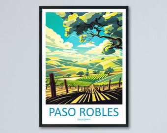 May include: A colorful illustration of a vineyard landscape with rolling hills, a blue sky with clouds, and a tree with green leaves. The text "PASO ROBLES CALIFORNIA" is at the bottom of the image.