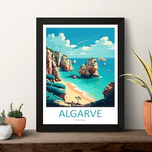 May include: A colorful illustration of a beach scene in Algarve, Portugal. The image features a sandy beach, turquoise water, and rocky cliffs. The text "ALGARVE PORTUGAL" is printed at the bottom of the image.