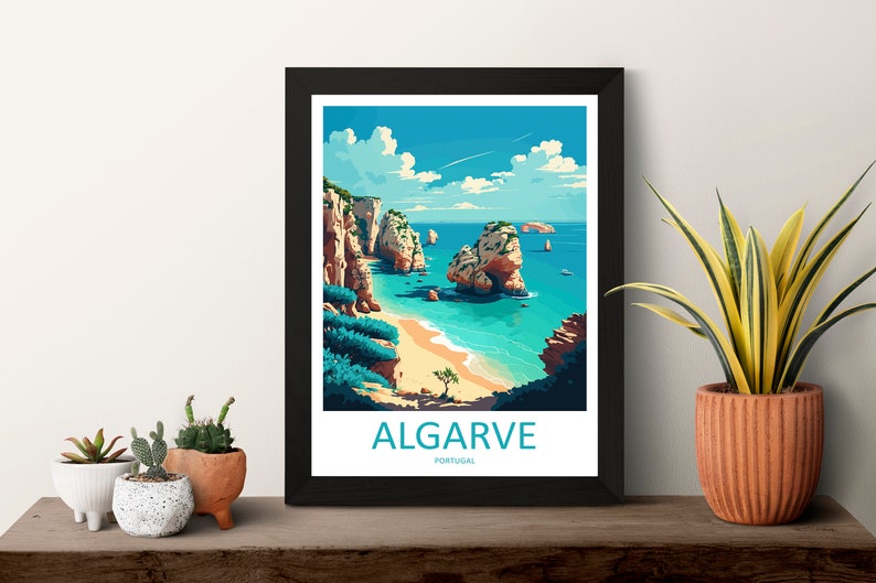May include: A colorful illustration of a beach scene in Algarve, Portugal. The image features a sandy beach, turquoise water, and rocky cliffs. The text "ALGARVE PORTUGAL" is printed at the bottom of the image.