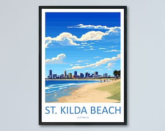 Impresión de viaje de la playa de St Kilda, arte de pared, colgante de pared de la playa de St Kilda, decoración del hogar, regalo de la playa de St Kilda, arte de pared para amantes del arte, póster de Australia Deco