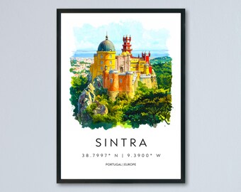 Plakat z akwarelą w Sintrze, dekoracja ścienna w Sintrze, wystrój domu, prezent z Sintry, prezent dla miłośnika sztuki w Portugalii, pamiątka z podróży