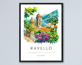 Ravello Watercolor Poster Ravello Italy Travel Print Wall Art Ravello Home Decor Ravello Gift Art Lovers Amalfi Coast View