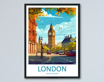 May include: A colorful illustration of Big Ben and the Houses of Parliament in London, England. The image features a street scene with red double-decker buses and a blue sky with white clouds. The text "LONDON" and "UNITED KINGDOM" is at the bottom of the image.