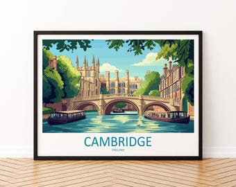 Könnte beinhalten: Ein gerahmter Kunstdruck mit einer stilisierten Illustration von Cambridge, England. Das Bild zeigt eine Brücke über einem Fluss mit Booten, Gebäuden und Bäumen. Das Wort "CAMBRIDGE" ist blau unter dem Bild gedruckt.