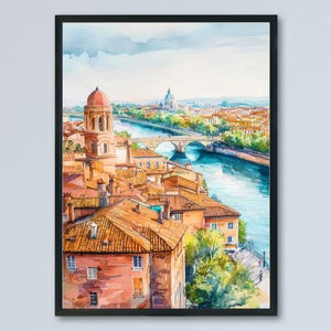 Toulouse Aquarell Poster Toulouse Reisedruck Frankreich Wandkunst Toulouse Architektur Dekor Rosa Stadtszene Garonne Landschaft