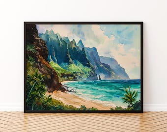 Könnte beinhalten: Ein gerahmtes Aquarellgemälde einer tropischen Strandszene. Das Kunstwerk zeigt einen Sandstrand, türkisfarbenes Wasser und üppige grüne Berge unter einem teilweise bewölkten Himmel. Palmen rahmen die Szene ein.