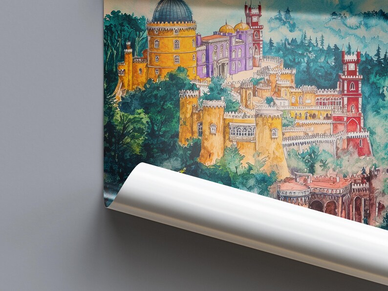 May include: Watercolor painting of a colorful castle complex with towers, domes, and walls. The buildings are painted in shades of yellow, purple, and red, set against a backdrop of green trees and a blue sky. The artwork is partially rolled.