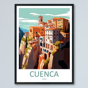 May include: A colorful illustration of Cuenca, Spain, a city built on a cliff with a blue sky and white clouds in the background. The text "CUENCA SPAIN" is at the bottom of the image.