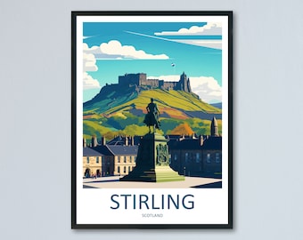May include: A colorful illustration of Stirling Castle in Scotland. The castle is perched on a hilltop overlooking the town below. A statue of a person on horseback stands in the foreground. The text "STIRLING SCOTLAND" is printed at the bottom of the image.