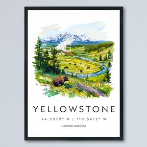 Póster de acuarela del Parque Nacional de Yellowstone, impresión de viaje a Yellowstone, arte mural de Wyoming, decoración de paisajes de géiseres, impresión de escenas de vida silvestre y naturaleza