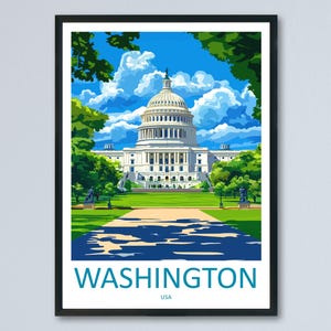 May include: A colourful illustration of the United States Capitol Building in Washington, D.C. The building is white with a large dome and is surrounded by green trees and a blue sky with white clouds. The text "WASHINGTON" is written in blue at the bottom of the image, with "USA" written in smaller letters below it.