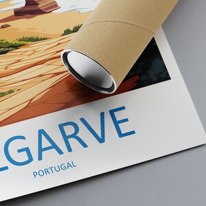 May include: A poster with a colorful illustration of a rocky landscape and a path leading to a cliff. The text "ALGARVE PORTUGAL" is printed in blue at the bottom of the poster.