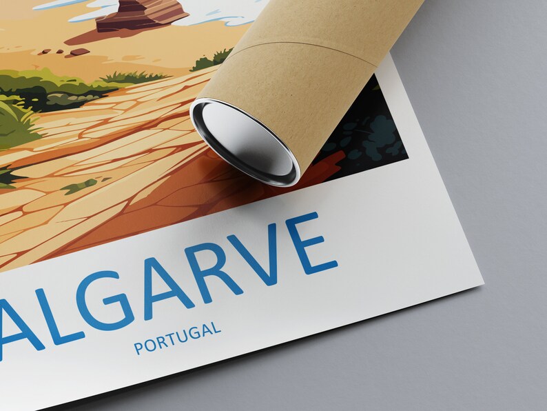 May include: A poster with a colorful illustration of a rocky landscape and a path leading to a cliff. The text "ALGARVE PORTUGAL" is printed in blue at the bottom of the poster.