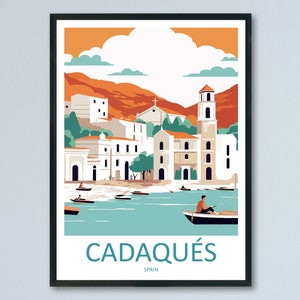May include: A colorful illustration of the town of Cadaqu&eacute;s, Spain. The image features a white church with a tall bell tower, white buildings, and a blue body of water with boats. The text "Cadaqu&eacute;s" and "Spain" is printed below the image.