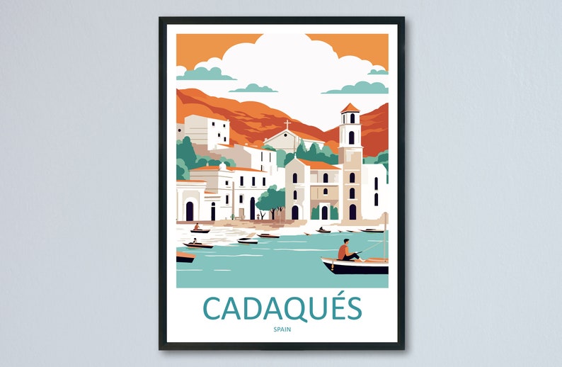 May include: A colorful illustration of the town of Cadaqu&eacute;s, Spain. The image features a white church with a tall bell tower, white buildings, and a blue body of water with boats. The text "Cadaqu&eacute;s" and "Spain" is printed below the image.