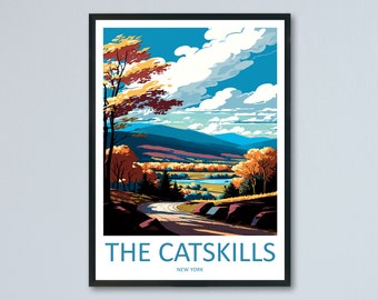 Puede incluir: Un cartel de viaje de estilo vintage que presenta una vista panorámica de las montañas Catskill en Nueva York. El cartel representa un camino sinuoso que atraviesa un valle exuberante con un río y árboles con colores otoñales. El cielo es azul con nubes blancas y esponjosas. El texto "THE CATSKILLS NEW YORK" está en la parte inferior del cartel.