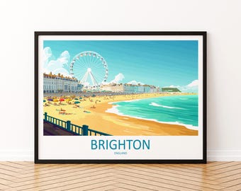 Poster di viaggio con paesaggio di Brighton, Inghilterra, paesaggio costiero, arte murale, stampa sulla spiaggia del Regno Unito, decorazione europea, opera d'arte sul molo di Brighton