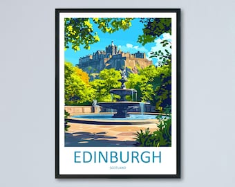 May include: A colorful illustration of Edinburgh Castle in Scotland. The castle is seen from a distance, with a fountain in the foreground and lush green trees surrounding it. The text "EDINBURGH" and "SCOTLAND" is printed below the image.