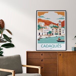 May include: A colorful illustration of the town of Cadaqu&eacute;s, Spain, with a view of the harbor and boats. The illustration is in a minimalist style with a flat design and bold colors. The text "Cadaqu&eacute;s, Spain" is printed below the illustration.