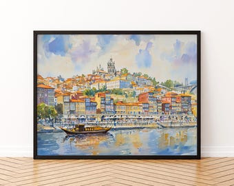 Póster de acuarela de Oporto, arte mural, colgante de pared de Oporto, decoración del hogar, regalo de Oporto, amantes del arte, arte mural de Portugal