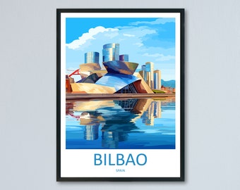 May include: Framed art print featuring a colorful illustration of the Guggenheim Museum in Bilbao, Spain. The artwork depicts the modern architecture reflected in the water, under a blue sky. The word "BILBAO" is printed at the bottom.