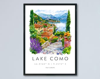 Comomeer aquarel poster Comomeer reizen print Comomeer muur kunst Comomeer landschapsschilderkunst Comomeer souvenir Italië Decor