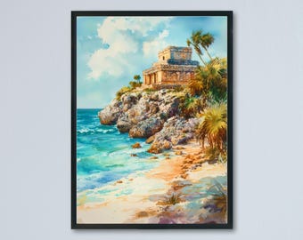 May include: Watercolor painting of a coastal scene featuring ancient ruins atop a rocky cliff. Turquoise water meets a sandy beach, with palm trees and a cloudy sky. The artwork is framed in a black border.