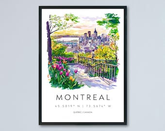 モントリオールの水彩画ポスター、モントリオールの旅行プリント、モントリオールの壁アート、都市景観画、モントリオールのお土産、カナダの装飾