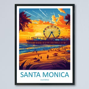 Santa Monica Travel Poster California Wall Art Coastal City Print Beachfront Illustration Pier View Decor Santa Monica Gift Souvenir