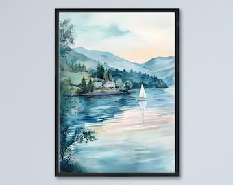Póster de acuarela de Windermere. Impresión de viaje de Windermere. Arte del Distrito de los Lagos de Windermere. Decoración natural de Windermere.