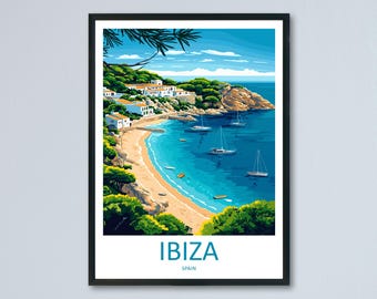 Ibiza Travel Poster Spain Wall Art Island View Print Coastal Scene Illustration Mediterranean Decor Ibiza Gift Souvenir Poster