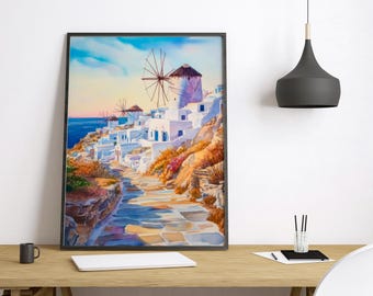 ミコノス島 水彩画 ポスター ギリシャ 旅行 プリント ウォールアート