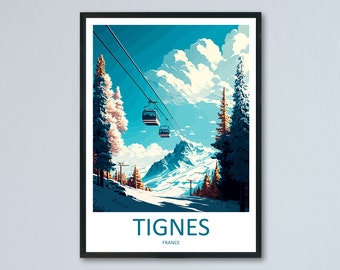May include: A retro-style travel poster featuring a scenic view of a snowy mountain range with a gondola lift in the foreground. The poster has a blue, white, and orange color scheme and the text "TIGNES FRANCE" at the bottom.