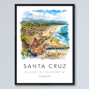Santa Cruz Watercolor Poster Santa Cruz California Travel Print Wall Art Santa Cruz Home Decor Santa Cruz Gift Art Lovers Beach Town