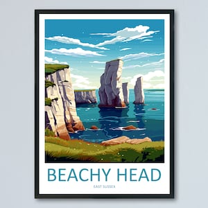 May include: A vintage travel poster depicting Beachy Head, a dramatic chalk cliff in East Sussex. The poster features a blue sky with white clouds, a turquoise sea, and a rocky cliff face with tall, white rock formations.