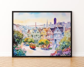 Póster de acuarela de San Francisco, California, impresión de viaje de San Francisco, pintura del horizonte de la ciudad, arte mural del Golden Gate, recuerdo de EE. UU.